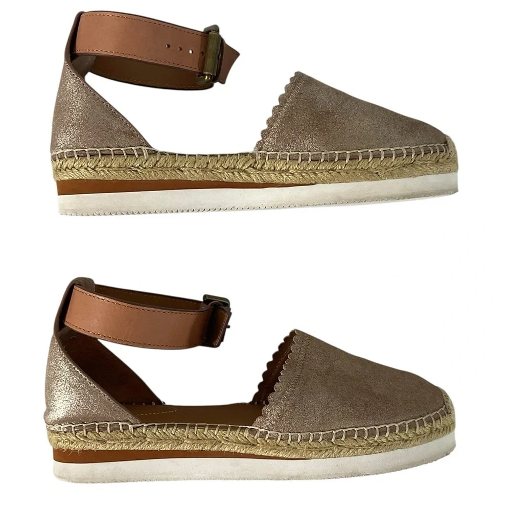 See by Chloé Metallic Suede Leather Espadrille Platform Flats Size 38